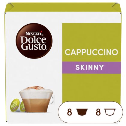Front view of Cappuccino Skinny (16 pods) box
