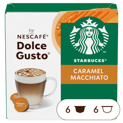 Front view of Starbucks Caramel Macchiato (12 pods) box