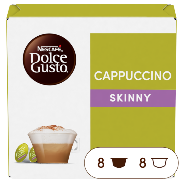 Front view of Cappuccino Skinny (16 pods) box